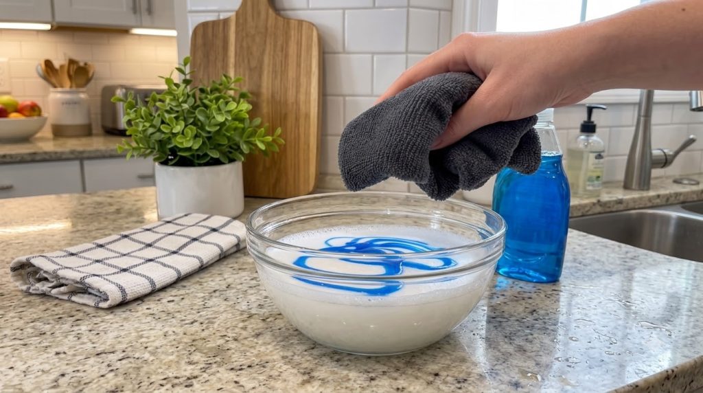 A hand holding a grey microfiber cloth poised above a clear glass bowl containing a foamy white liquid with a vibrant bl