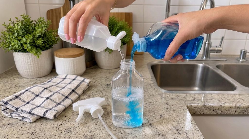 Two hands pouring blue dish soap and clear water into a clear spray bottle on a granite kitchen counter