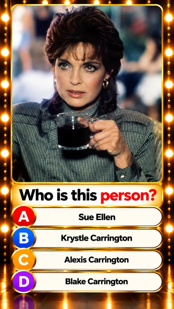 A portrait of Linda Gray as Sue Ellen Ewing from Dallas looking contemplative and holding a coffee mug in a retro quiz s