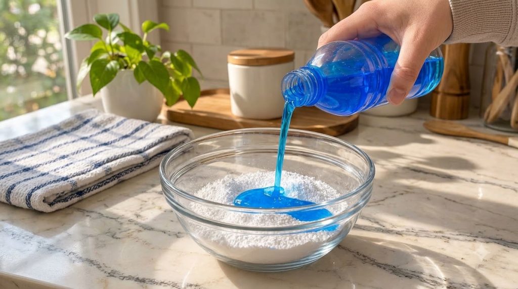 A hand pouring vibrant blue liquid from a clear bottle into a glass bowl containing white powder on a light-colored marb
