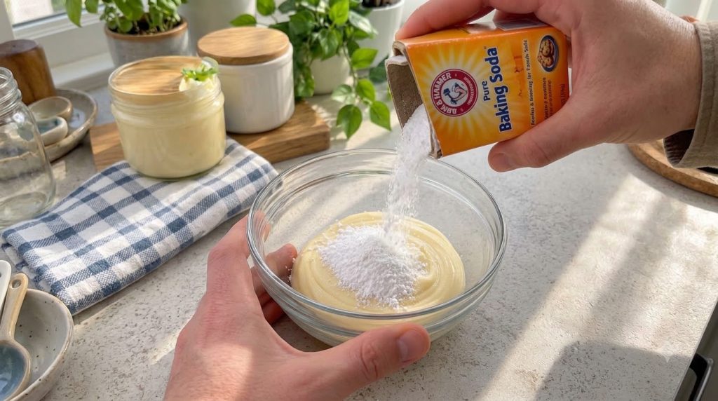 Hands pouring white baking soda from a box into a clear glass bowl with a pale yellow viscous mixture
