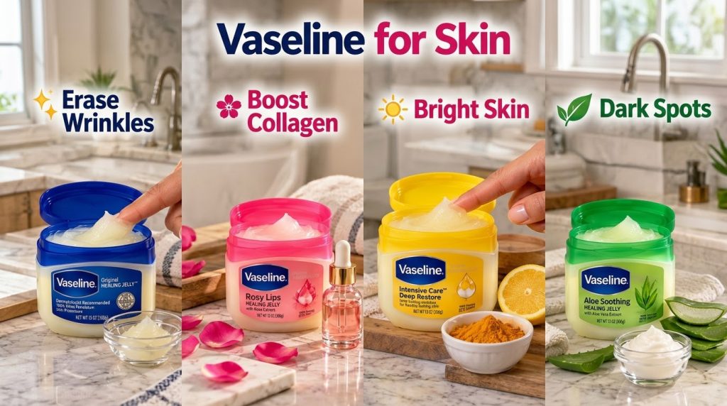 A four-panel grid showcasing various Vaseline products Top left shows Vaseline Original Healing Jelly with a hand lemon 