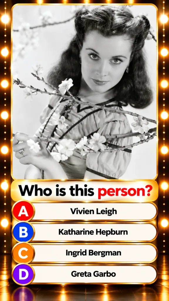 The original quiz image showing a black and white portrait of Vivien Leigh in an ornate golden frame with quiz options b