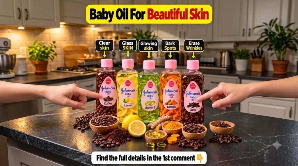 Five bottles of baby oil infused with different natural ingredients coffee lemon Vitamin E turmeric and clove Bowls with