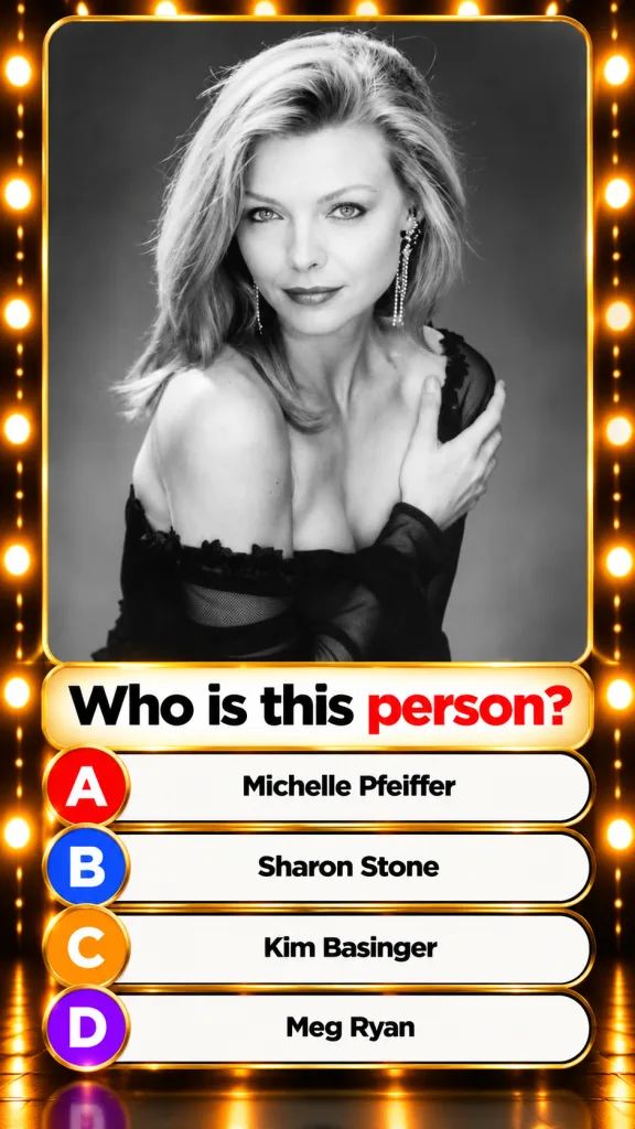 The original quiz image showing a black and white portrait of Michelle Pfeiffer framed by glowing golden-yellow light bu