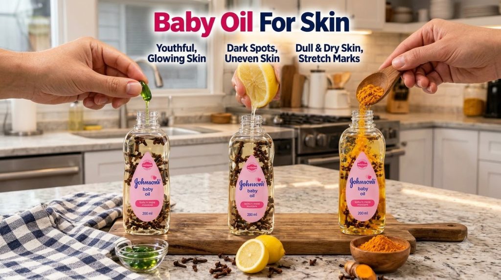 Three bottles of Johnson s baby oil with hands adding a green capsule to one squeezing a lemon half into another and add