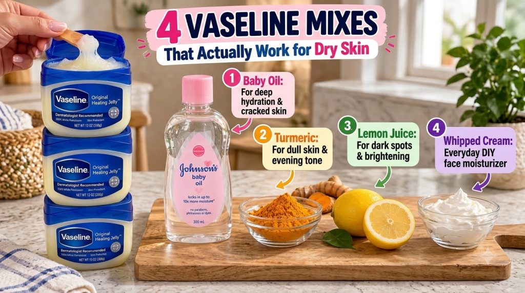 A vertical stack of four Vaseline Original Healing Jelly jars with the top jar open and a wooden spoon scooping out the 