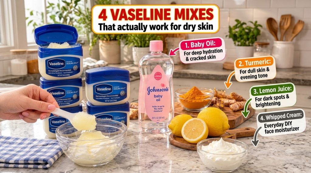 A flat lay of skincare ingredients on a bright kitchen counter featuring a stack of Vaseline jars a bottle of baby oil a