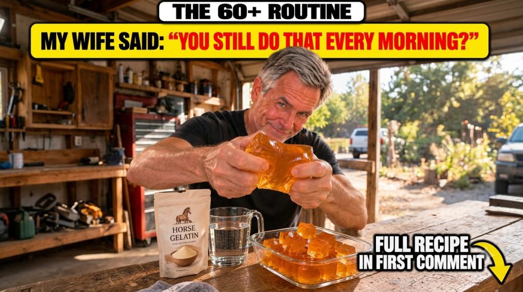 A smiling man holding a large piece of amber-colored gelatin with a pouch of gelatin powder a pitcher of water and gelat