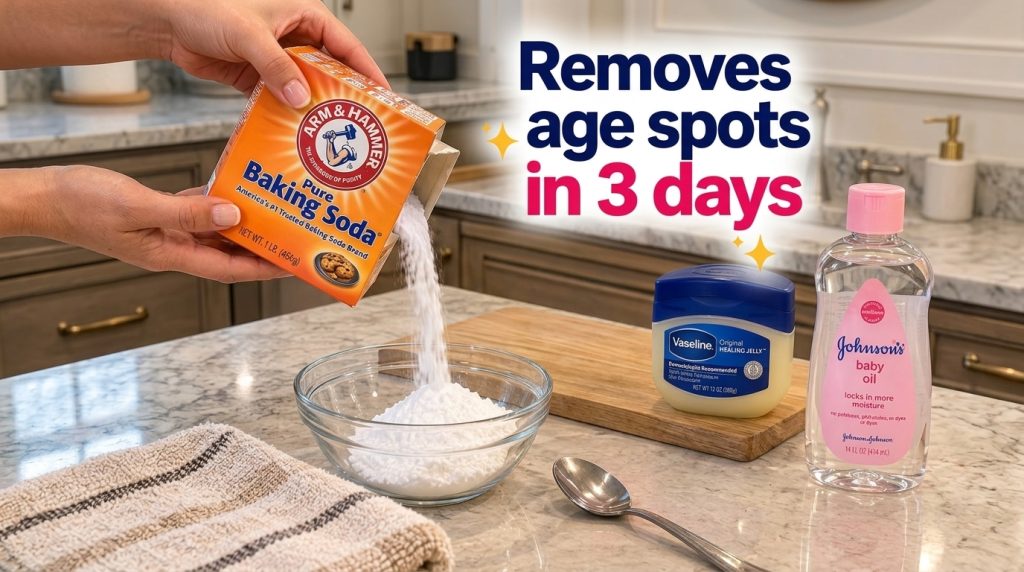 A hand pouring white baking soda powder into a clear glass bowl Next to the bowl are a container of Vaseline Healing Jel