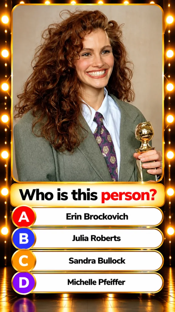 Julia Roberts smiling and holding a Golden Globe award with quiz options below