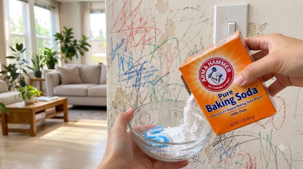 Close-up of hands mixing white toothpaste and baking soda in a clear glass bowl preparing a DIY cleaning solution A wall