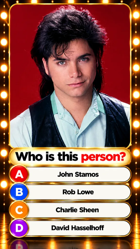 A retro-themed quiz graphic featuring a young John Stamos with an 80s mullet light blue shirt and black vest against a r