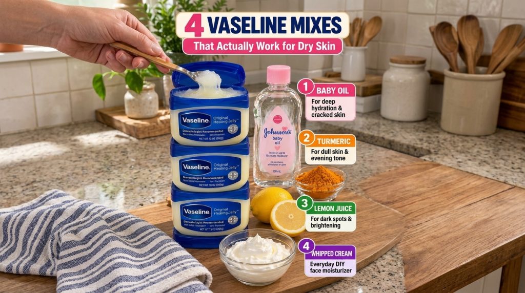 A collection of skincare ingredients on a wooden surface featuring Vaseline jars baby oil turmeric powder fresh lemons a