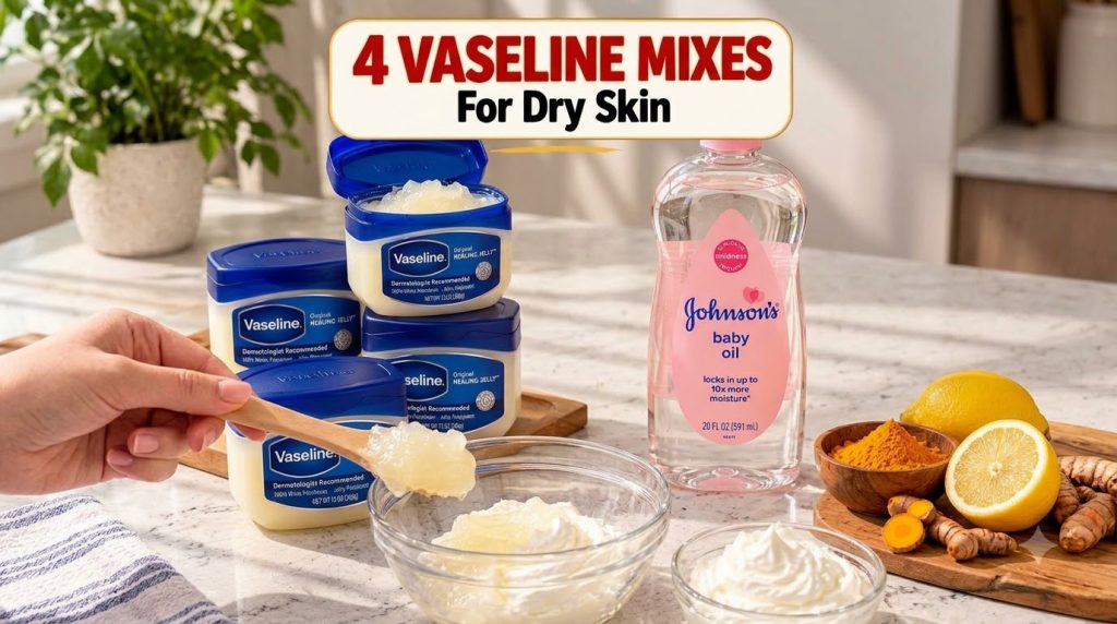 A clear bright image showing tubs of Vaseline and a bottle of baby oil next to natural ingredients like lemons and turme