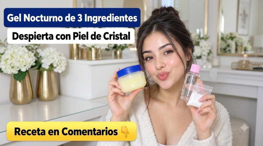 A young woman with radiant glass skin holding a jar of Vaseline a bottle of baby oil and a small sachet of white powder 