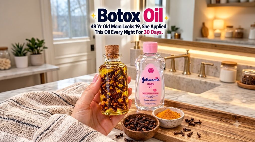 A hand holding a glass bottle of golden clove oil next to a bottle of baby oil with whole cloves and turmeric powder in