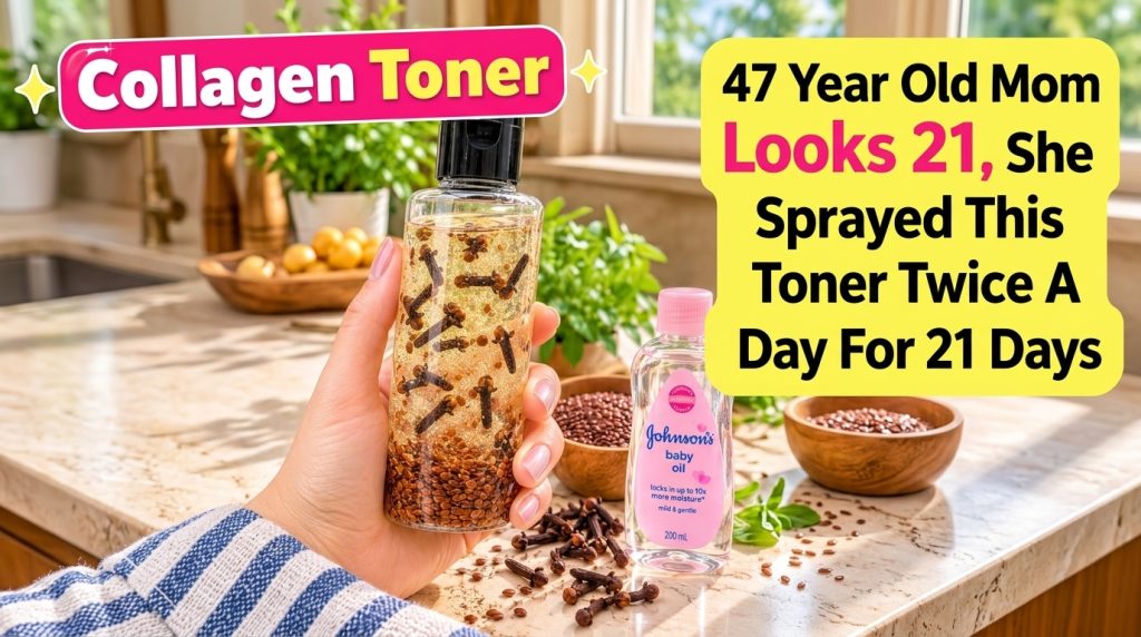 A hand holding a clear glass bottle of homemade clove and flaxseed collagen toner with scattered cloves and flax seeds o