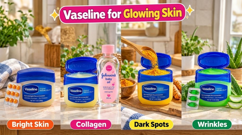 A four-panel grid showing jars of Vaseline Original Healing Jelly next to natural ingredients like turmeric aloe vera an