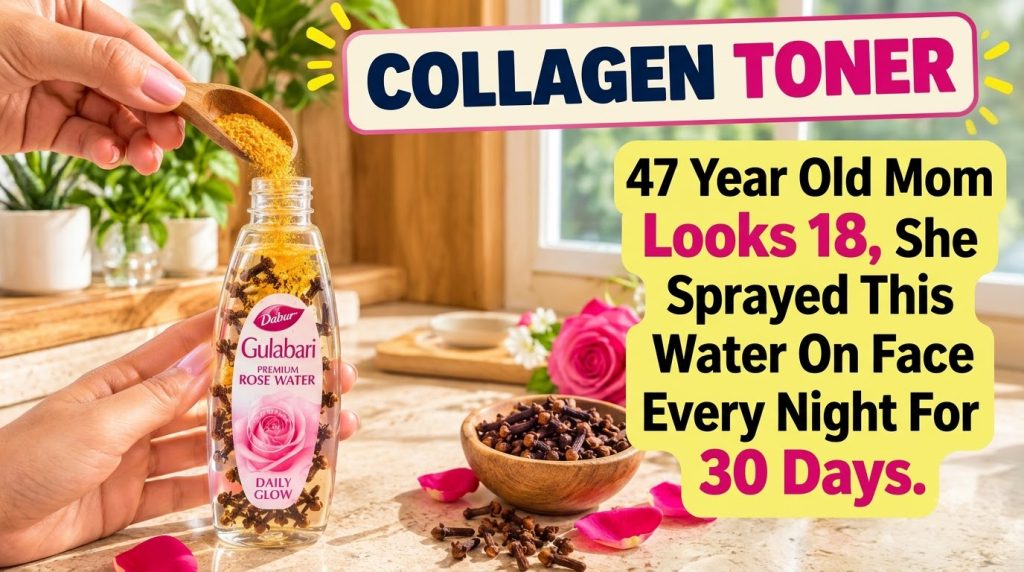 Hands holding a bottle of rose water filled with cloves with a wooden spoon adding golden powder Rose petals and cloves