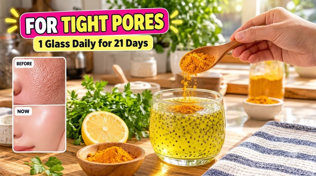 A vibrant yellow drink containing chia seeds with a wooden spoon sprinkling turmeric powder into it A lemon slice and a