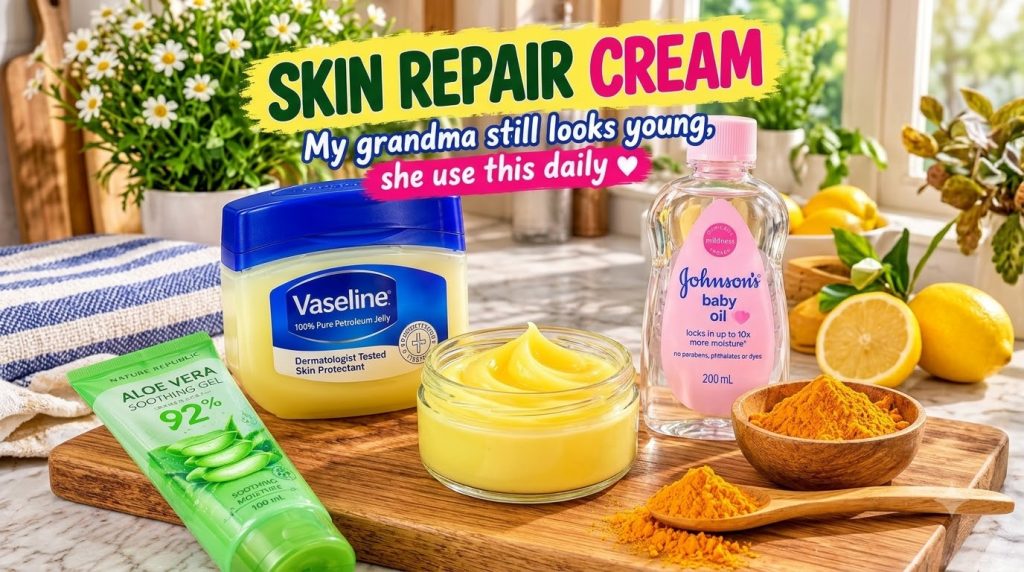A still life arrangement of natural skincare ingredients on a wooden board It includes a jar of Vaseline a bottle of Joh