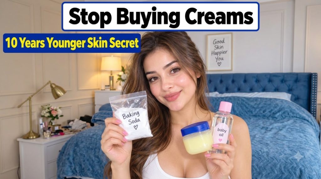 A friendly smiling woman holding baking soda petroleum jelly and baby oil with glowing skin and a Good Skin Happier You 