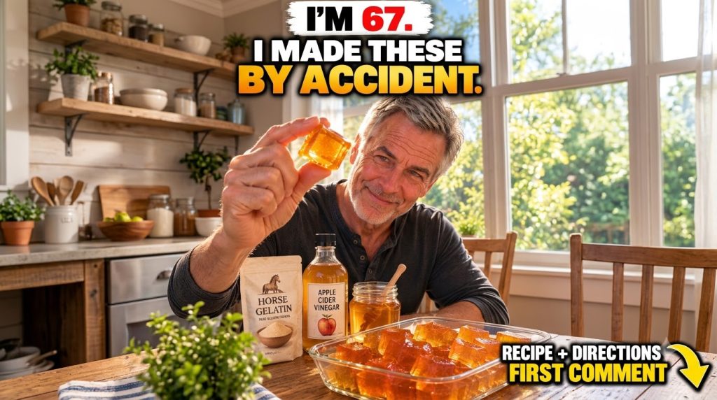 A smiling older man in a home kitchen holding up a translucent orange gelatin square with ingredients like horse gelatin