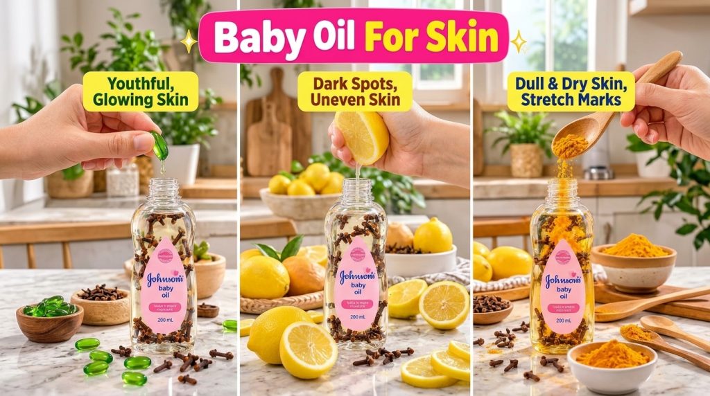 Three bottles of baby oil infused with cloves accompanied by a green oil capsule a squeezed lemon and turmeric powder ag