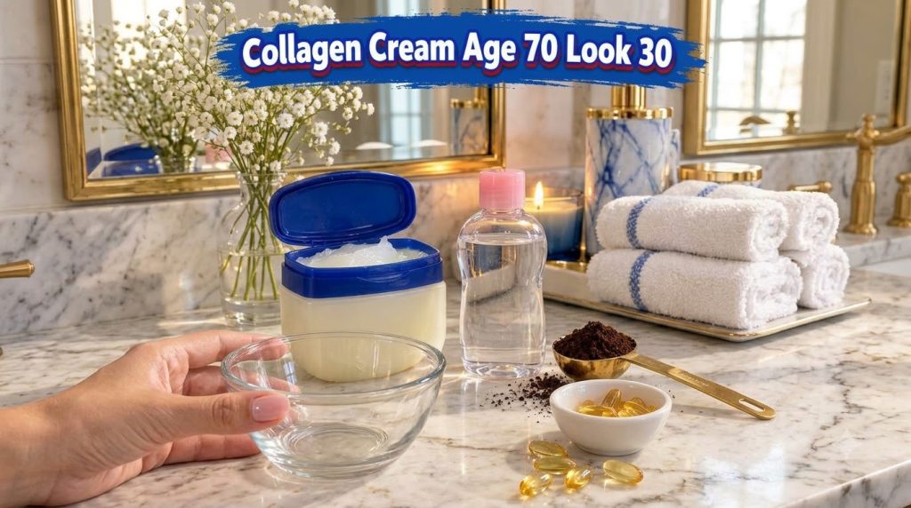 A collection of common beauty and household items on a light marble surface for a DIY beauty recipe Features an open tub
