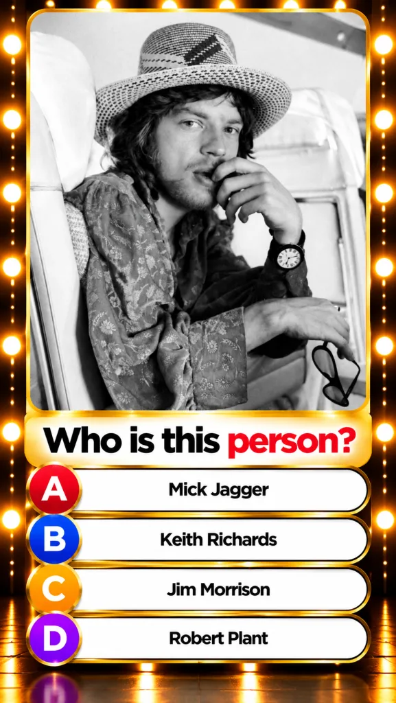 The original quiz image showing a black and white vintage photograph of a legendary rock figure with the question Who is