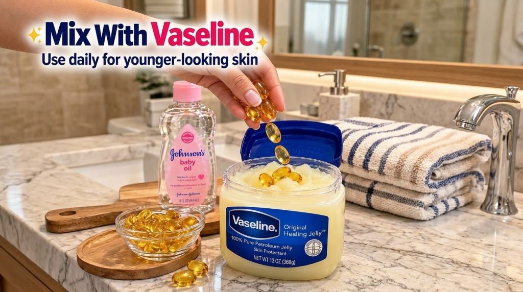 A hand gently squeezing golden Vitamin E oil from a capsule into an open jar of Vaseline with other beauty products blur