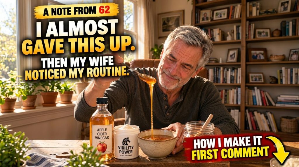 A smiling mature man pouring golden honey from a spoon into a bowl with bottles of Apple Cider Vinegar and a Virility Po