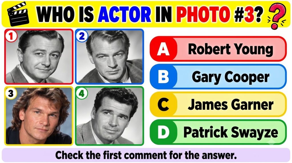 A social media quiz card featuring four headshots of male actors with photo 3 being a color portrait of a younger actor 