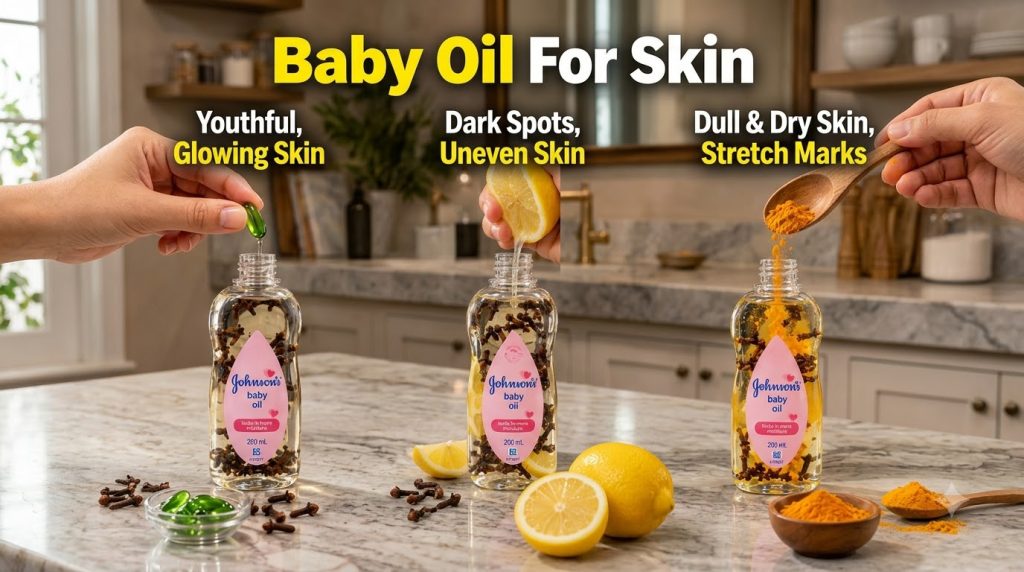 Three Johnson s baby oil bottles each infused with different natural ingredients lemon Vitamin E capsules and turmeric w