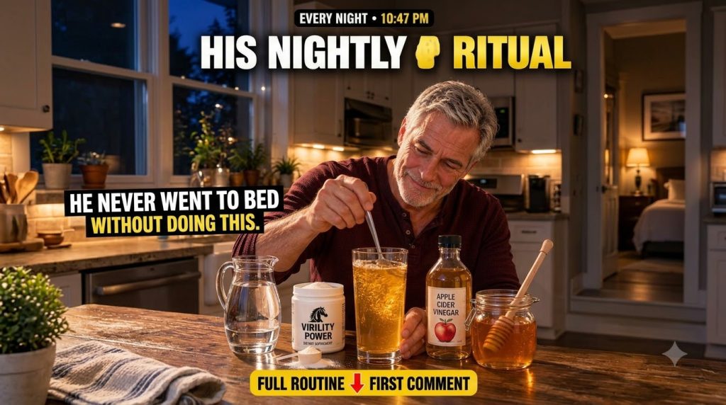 A smiling middle-aged man stirring a golden liquid in a tall glass surrounded by ingredients like water a Virility Power