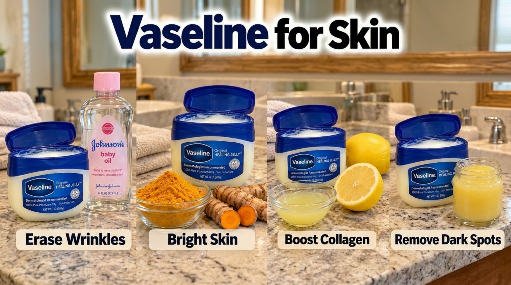 A vibrant four-panel collage showing an open jar of Vaseline with various natural ingredients like lemon turmeric and ba