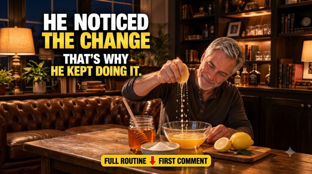 A smiling middle-aged man with gray hair squeezing a fresh lemon into a clear glass bowl with a jar of honey a bowl of w
