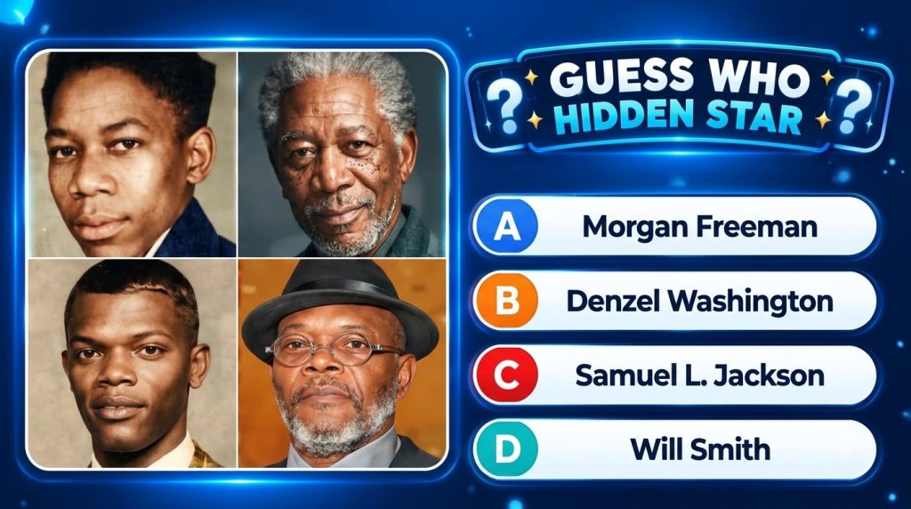 A mobile-style quiz game interface with the title GUESS WHO HIDDEN STAR and four headshots of different male actors in a