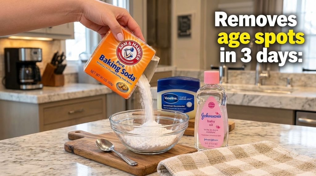 A close-up of a hand pouring baking soda into a bowl with Vaseline and baby oil nearby on a wooden cutting board in a ki