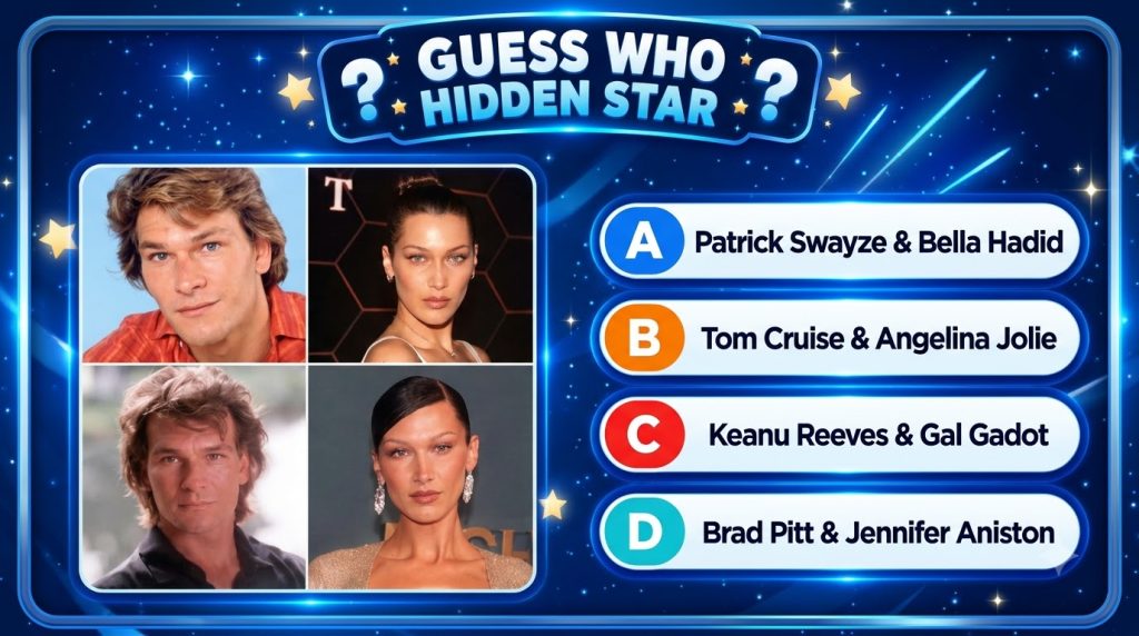 A mobile quiz game interface titled Guess Who Hidden Star showing two photos of Patrick Swayze and two photos of Bella H