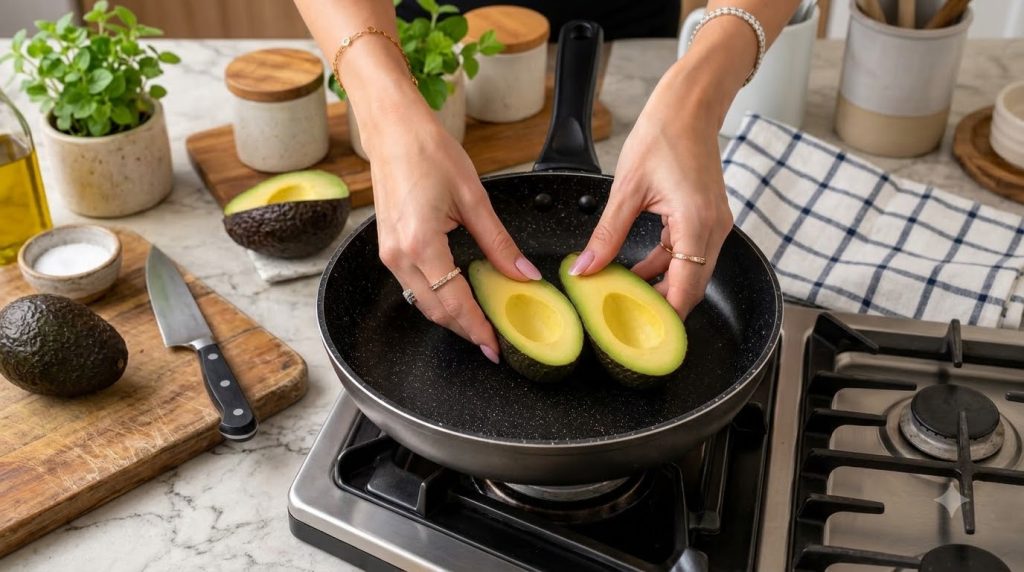 Two halves of a fresh avocado held over a dark speckled frying pan ready to be cooked