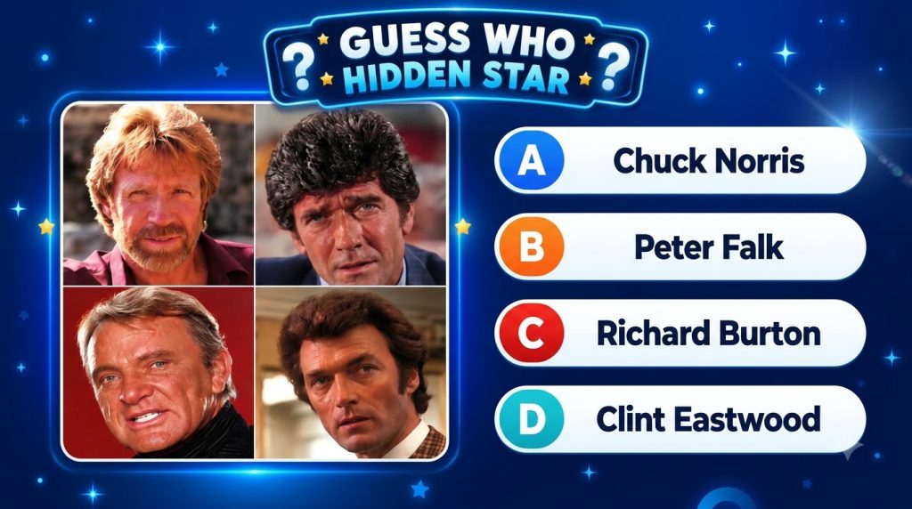 A mobile game quiz UI titled GUESS WHO HIDDEN STAR showing a grid of four headshots of male celebrities Chuck Norris Pet