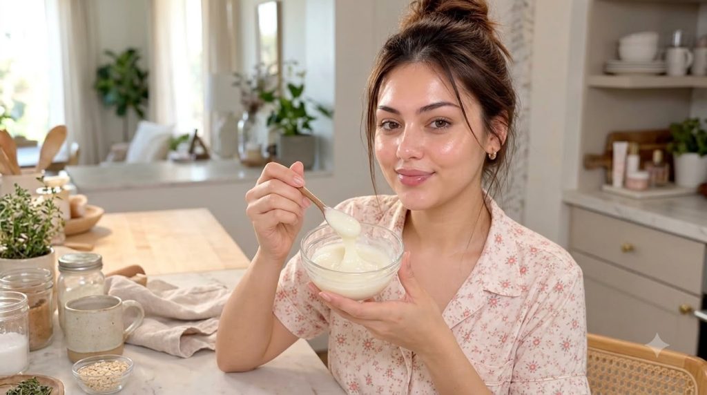 A smiling young woman holding a clear glass bowl with a creamy white clay mask and a wooden spoon suggesting natural bea