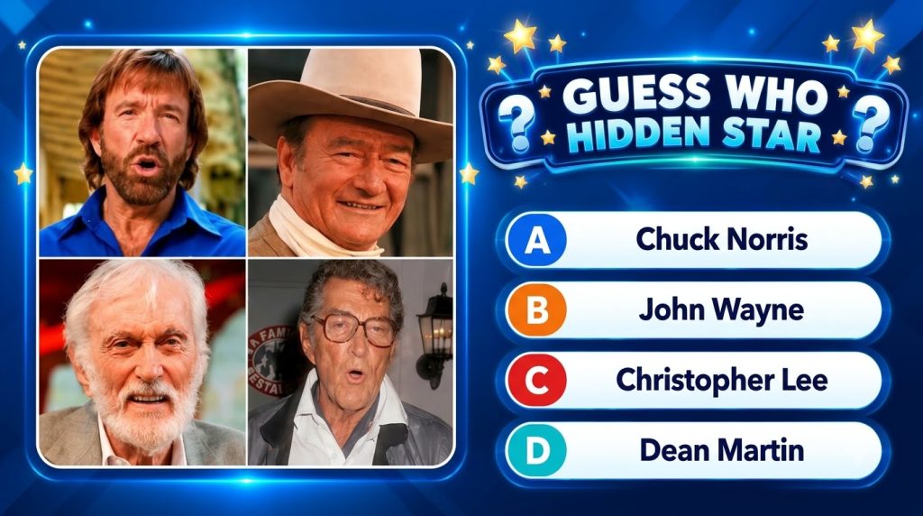 A mobile quiz game interface asking to guess a hidden star featuring four classic celebrity portraits in a 2x2 grid Chuc