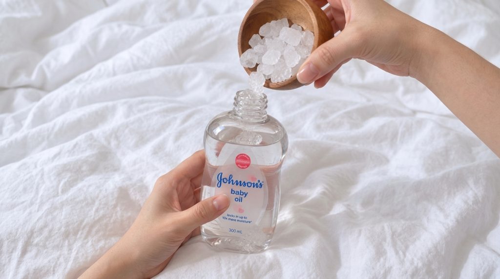 Hands gently pouring white crystalline solids into a bottle of baby oil against a white background