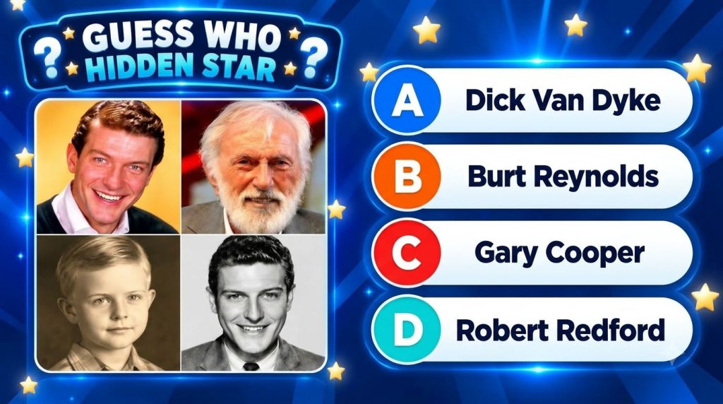 A celebrity quiz game interface with four panels showing a male celebrity at different ages and four multiple-choice ans