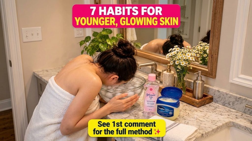 A woman performing an ice facial her face submerged in a clear bowl of ice water with skincare products like baby oil an