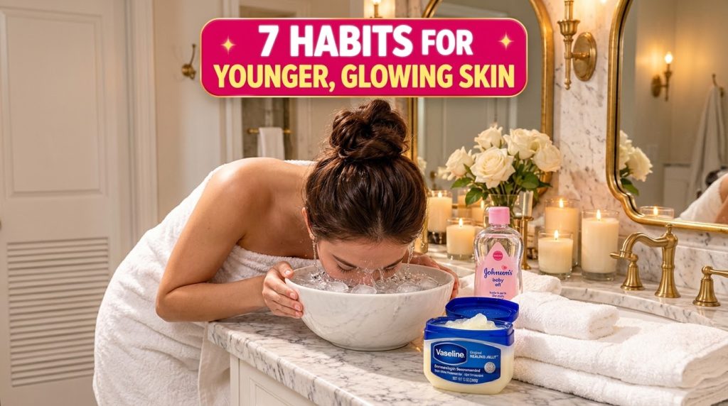 A person s face submerged in a bowl of ice water with gentle splashes Beauty products like baby oil and Vaseline are vis