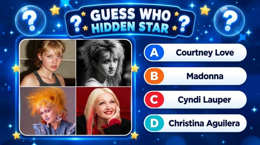 A quiz graphic titled GUESS WHO HIDDEN STAR featuring four different portrait photos of Madonna showing her youthful app